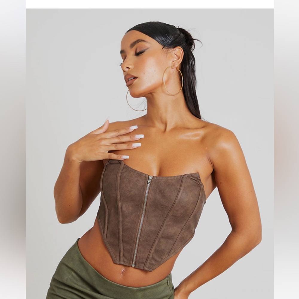 PrettyLittleThing Brown Strapless Corset Top